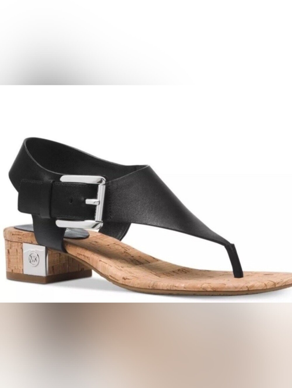 Michael Kors Black Leather London Thong Sandal with Cork Block Heel
